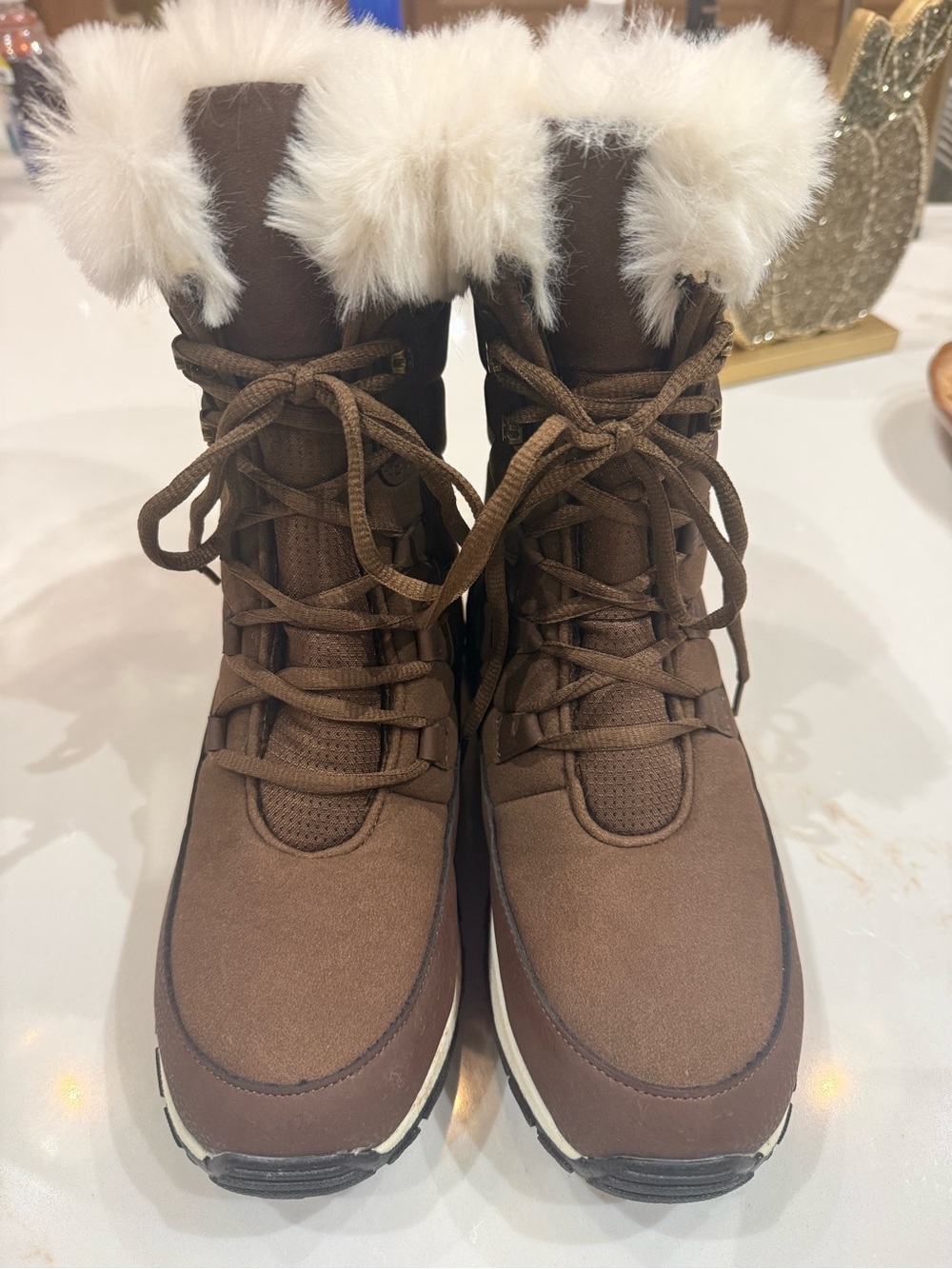 Lands' End Chocolate Brown Faux-Fur Trim Lace-Up Winter Boots